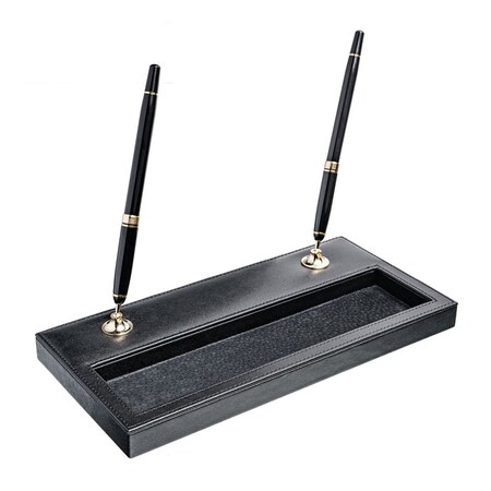 Dacasso Classic Black Leather Double Pen Stand with Gold Accents AG-1004